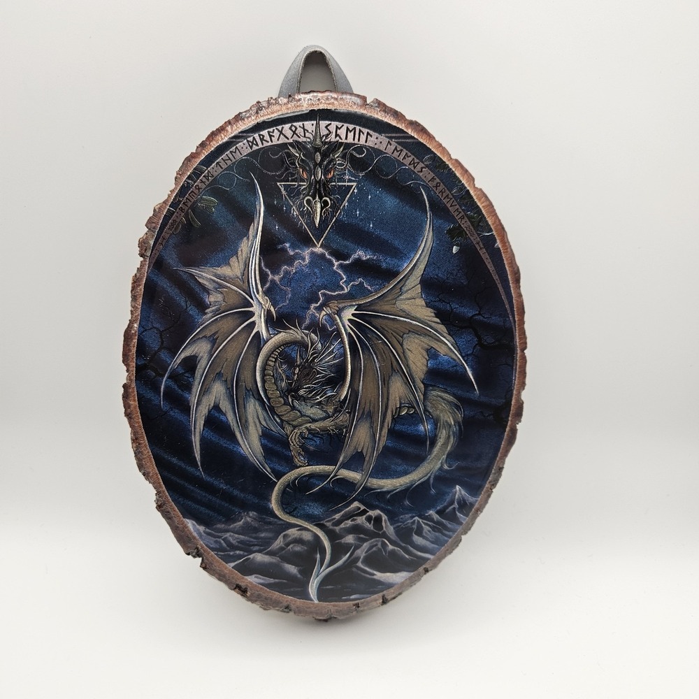 Vintage Fantasy Dragon Art Print By Peter Pracownik Laquered On Tree Slice